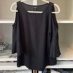 Black scoopneck cold shoulder blouse with flowy three-quarter length sleeves